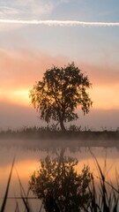 Obraz premium Sunrise over a misty pond with a solitary tree