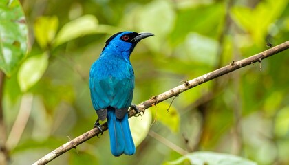 Obraz premium Vibrant blue bird perched on a branch in a lush green forest