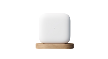Square white device rests on a wooden base.  Simple, minimalist design.  Clean lines,  neutral colors.  Solid form factor