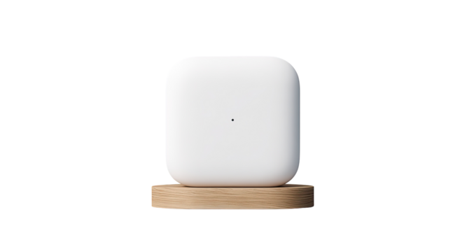 Square white device rests on a wooden base.  Simple, minimalist design.  Clean lines,  neutral colors.  Solid form factor