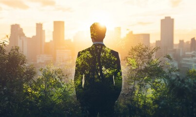 Layered image of a businessman, urban cityscape, and green foliage, illustrating the concept of sustainable development and green investing in a modern, eco-conscious business world, Generative AI