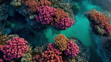 Obraz premium Vibrant coral formations in various colors create a stunning underwater landscape reflecting sunlight. The tranquil waters reveal the rich biodiversity of marine life in this beautiful ecosystem.