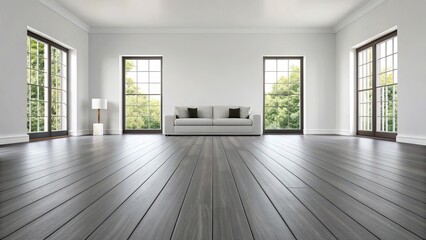 Obraz premium Spacious empty modern living room interior after remodeling, featuring sleek grey wooden flooring, freshly painted walls, minimal design, bright natural light, contemporary clean atmosphere