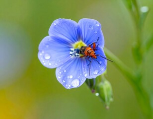 Fototapeta premium Vibrant blue flower with a small red insect