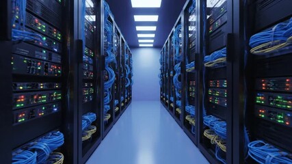 Perspective view down a glowing blue aisle in a modern data center with network server racks and intricate cabling. - Powered by Adobe