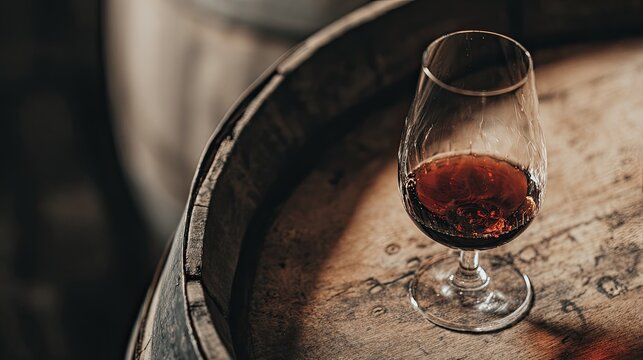 A glass of dark amber spirit resting on a wooden barrel