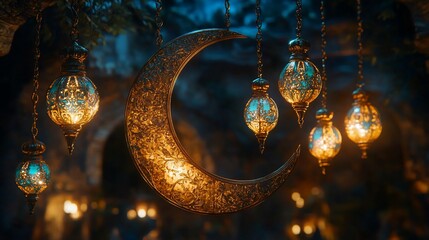 Illuminated crescent moon and lanterns cast an enchanting glow