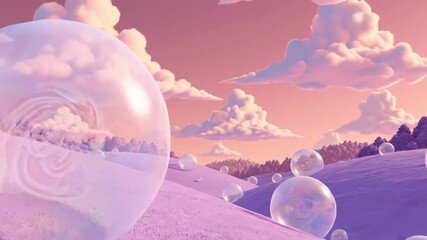 A serene landscape featuring translucent bubbles scattered across a vibrant purple field under a pastel sky filled with fluffy clouds, evoking a dreamlike atmosphere perfect for storytelling - Powered by Adobe