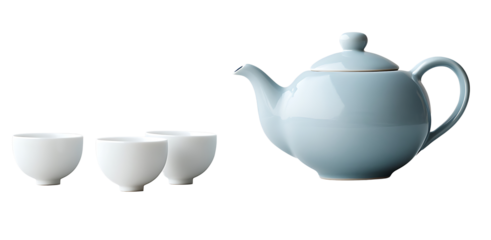 Stylized teapot and cups in a minimalist still life scene on transparent background perfect for digital artwork, packaging, and promotional content