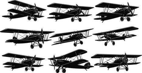Vintage biplane silhouettes, retro aircraft clipart, black airplane icons, old fighter planes vector, classic aviation illustrations for design, print, decals © MD. NUR ISLAM
