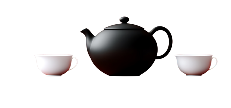 Elegant black teapot with white cups in a minimalist tea set on transparent background ideal for clean product visuals and contemporary lifestyle graphics