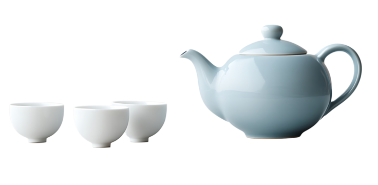 Stylized teapot and cups in a minimalist still life scene on transparent background perfect for digital artwork, packaging, and promotional content