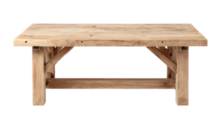 Simple, light-brown wooden table with a wide tabletop and sturdy, cross-shaped legs