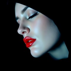 Obraz premium Noir Elegance: Moody Close-Up of Hooded Woman with Red Lips & Ethereal Blue Light - Cinematic Fashion Editorial on Black Velvet
