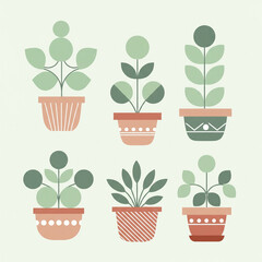 Flat vector illustration of abstract potted plants with geometric shapes, pastel green, nude, and terracotta tones, modern botanical style