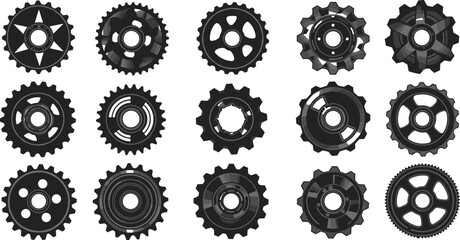 Set of mechanical gears, black cogwheels, rotating machine parts, vector gear icons, industrial components, engineering tools, isolated on white background