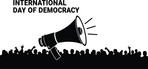 International day of democracy with megaphone and crowd of people for political and social awareness