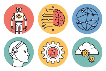 Set of icons representing artificial intelligence and technology concepts