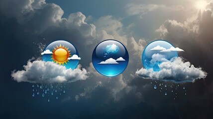 Dynamic weather forecast icons showing sun, rain, and clouds with dramatic atmospheric background, perfect for meteorological apps and climate reporting