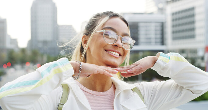 Smile, student and glasses with woman in city for relax, education and college future. Scholarship, University opportunity and pride with female person outdoor for confidence, campus and study