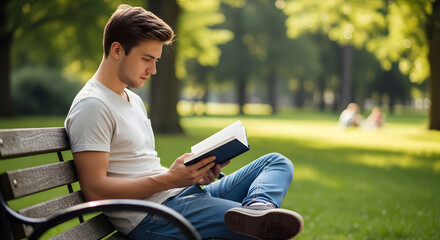 Young man engrossed in a book, enjoying a tranquil moment on a park bench amidst lush greenery and dappled sunlight, fostering relaxation and intellectual engagement in nature