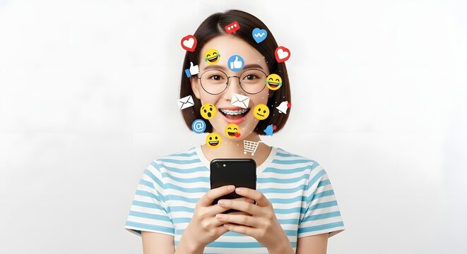 Young woman using smartphone with social media emojis augmented reality filter app concept