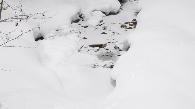 Melting snow reveals stone steps in winter landscape