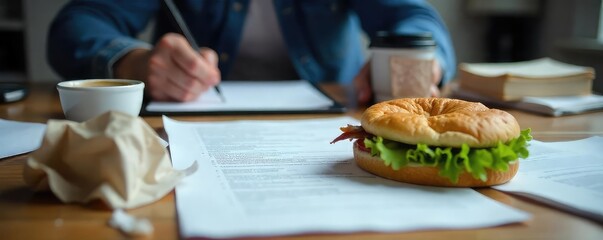Overwhelmed Office Worker Desk Chaos, Stress, and Missed Lunch Amidst Business Pressure and Tight Deadlines