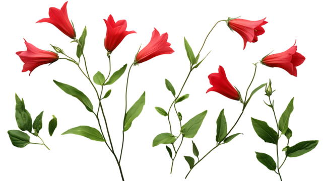 Coral bellflower composition with lush greenery from overhead perspective on transparent background for modern floral layouts