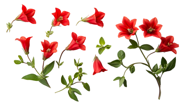 Minimal floral design featuring coral bellflowers and green foliage arranged overhead on transparent background for designers
