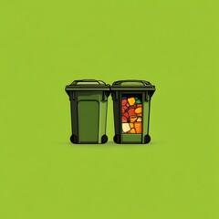 Two green garbage bins filled with assorted refuse against a solid lime green background.