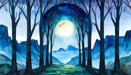 Moonlit forest pathway through mountains