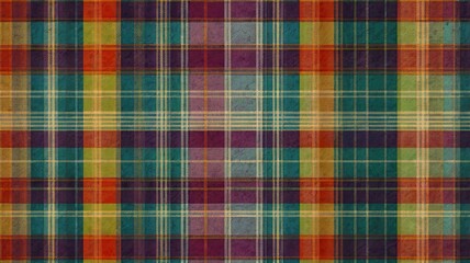 Vibrant vintage plaid pattern with textured grunge overlay creating a cozy, nostalgic textile background perfect for fashion, decor, or scrapbooking projects