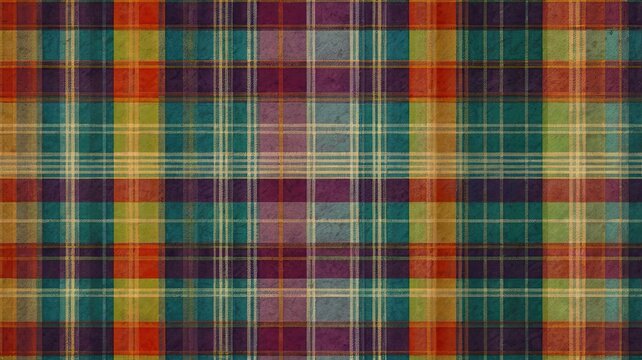 Vibrant vintage plaid pattern with textured grunge overlay creating a cozy, nostalgic textile background perfect for fashion, decor, or scrapbooking projects - Powered by Adobe