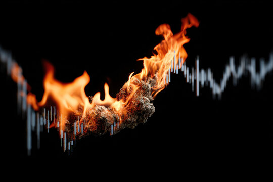 Flaming financial chart representing extreme market volatility, economic disruption, and investment risk under pressure