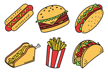 Assortment of six fast food items including burgers and hot dogs
