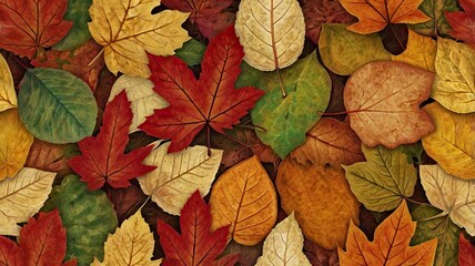 Vibrant autumn leaves in rich reds, yellows, and greens create a stunning natural tapestry, evoking cozy seasonal feelings and outdoor beauty
