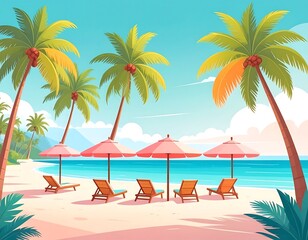 Tropical beach scene with palm trees, umbrellas, and lounge chairs