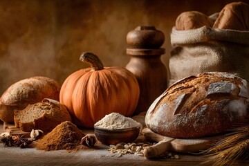 Autumnal still life with bread, pumpkin, and spices.