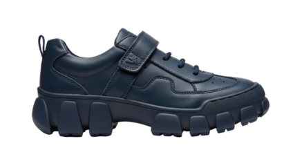 Stylish Navy Blue Childrens Leather Sneaker with Velcro Strap.