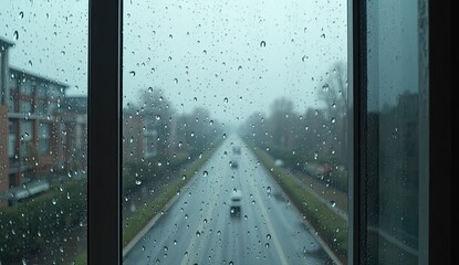 A rainy day view through a window with raindrops on the glass overlooking a wet road with cars