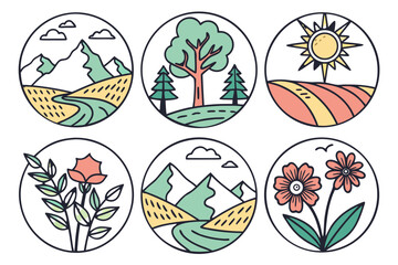 Set of nature and landscape icons with mountains, trees, and flowers