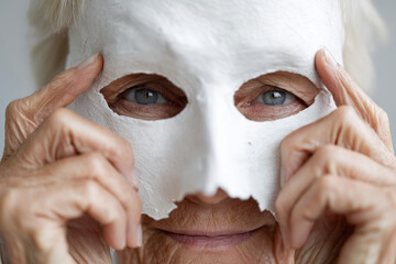 Older woman pulling on young mask