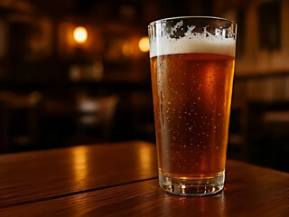 A cold, bubbly pint of golden beer sits on a wooden bar, inviting relaxation and good times in a warm, blurred pub setting.