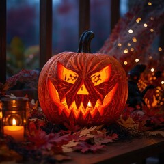 Spooky Jack O Lantern Glows With Fiery Eyes on Autumn Night