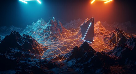 Immersive digital landscape featuring neon wireframe mountains and glowing geometric monolith under dramatic blue and orange illumination, creating a futuristic cyberspace exploration.