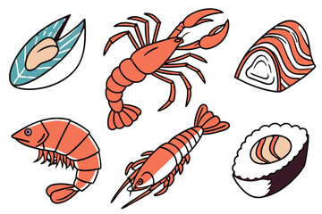 Collection of seafood and fish illustrations