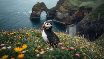 Naklejka premium Adorable puffin bird sits on a grassy cliff overlooking the ocean