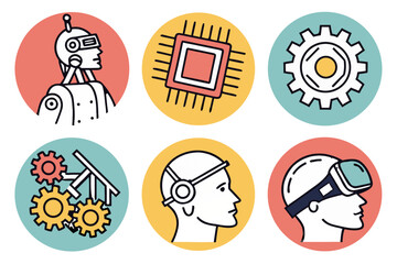 Set of icons representing artificial intelligence, robotics, and virtual reality