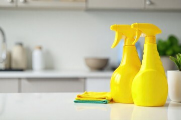 Bright yellow cleaning supplies and tools gleam against a spotless kitchen countertop, ready for spring cleaning A cheerful and vibrant image of domestic organization , zest, sunshine